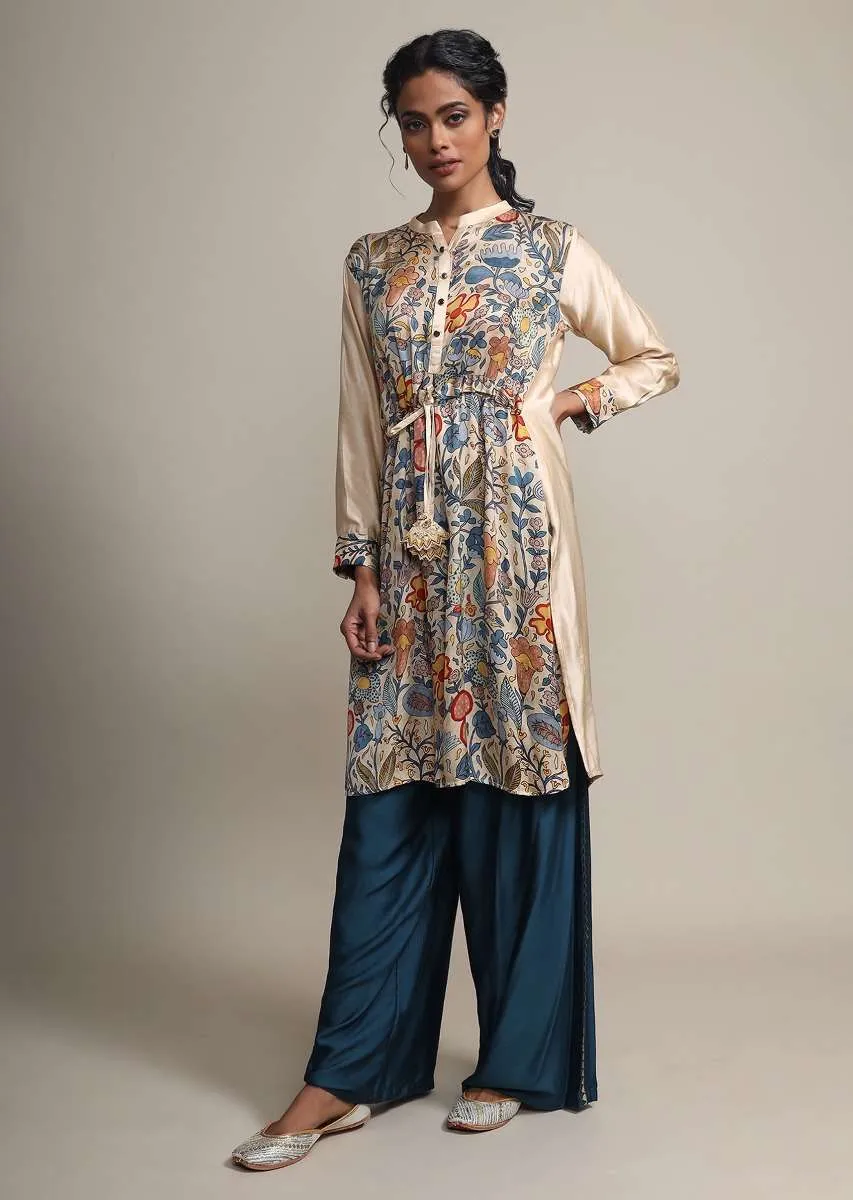 Cream Floral Printed Suit With Contrasting Peacock Blue Palazzo Pants