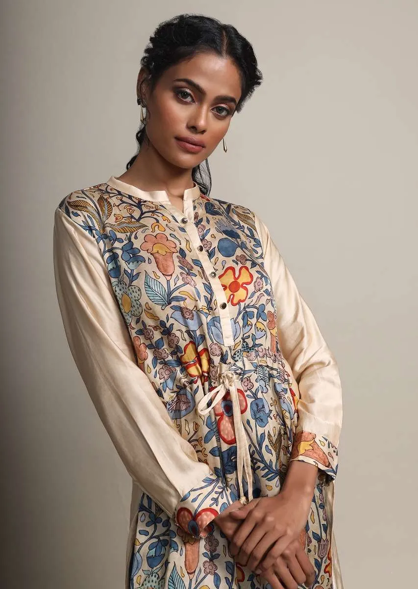 Cream Floral Printed Suit With Contrasting Peacock Blue Palazzo Pants