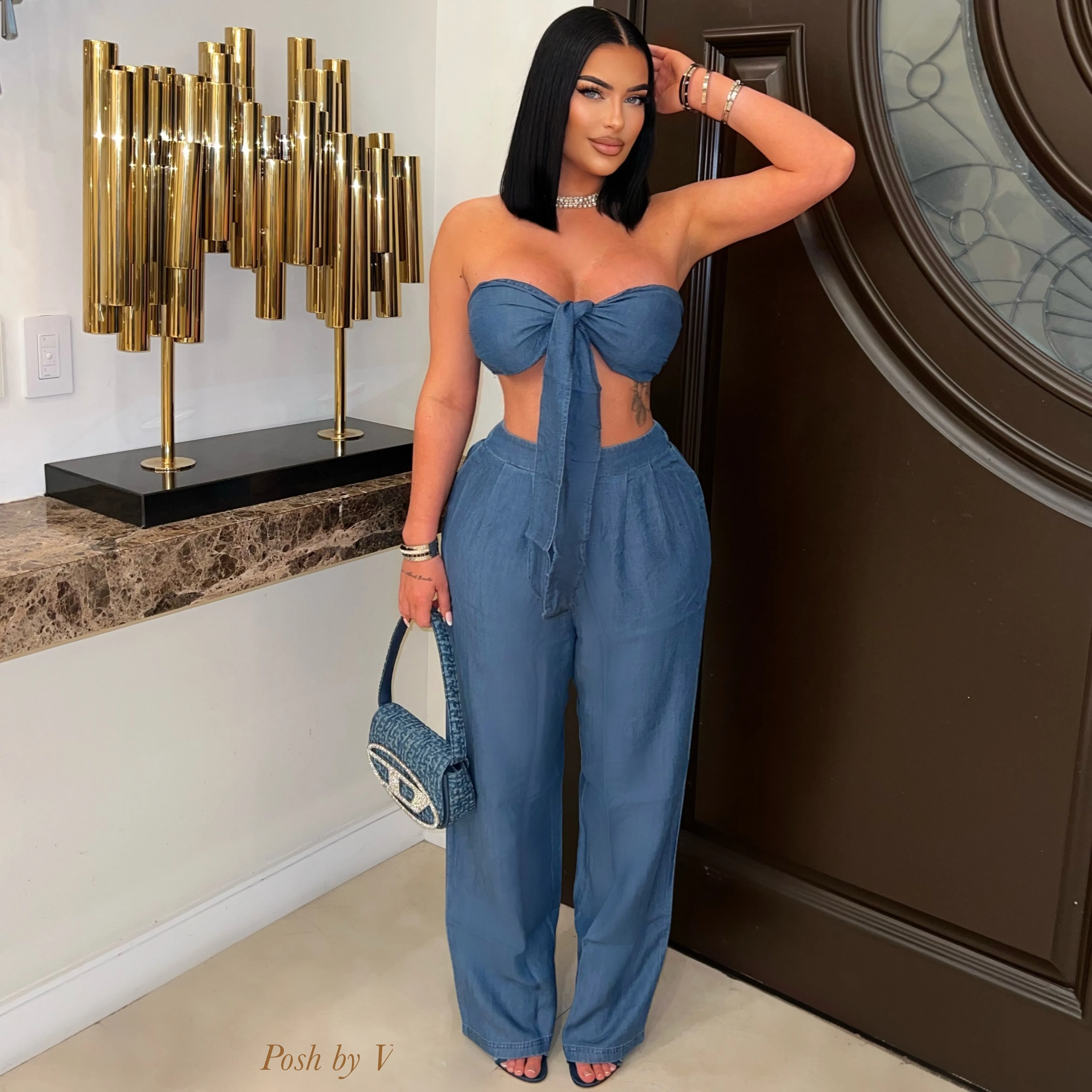 Denim palazzo pants set (Blue)