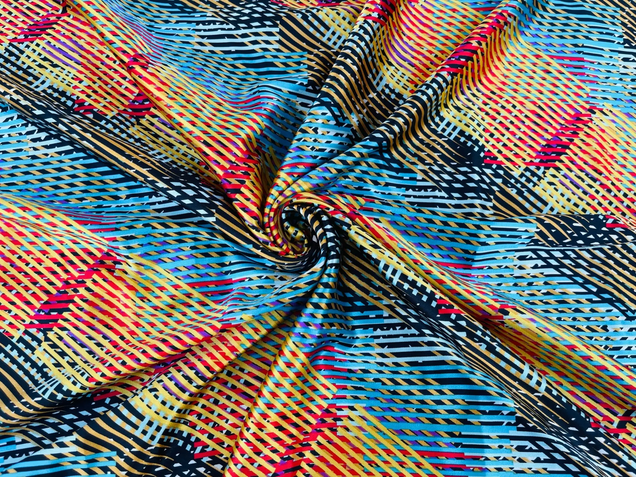 Faux silk charmeuse satin fabric by the yard - yellow blue white pink striped print
