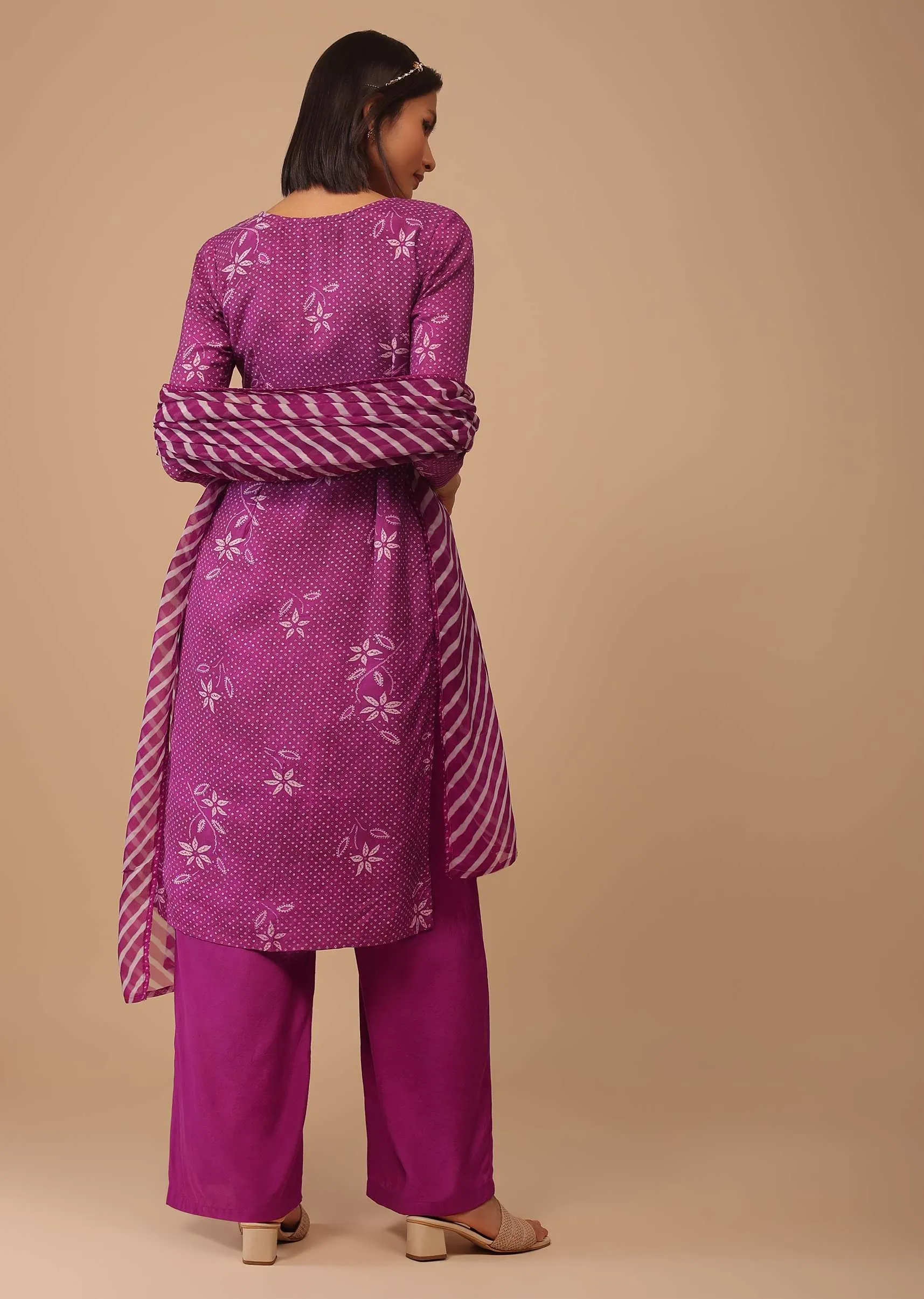 Grape Purple Embroidered Bandhani Printed Cotton Palazzo Suit With Leheriya Dupatta