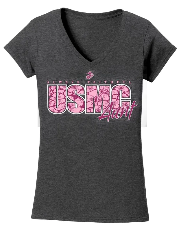 Hibiscus Always Faithful Aunt V-Neck Tee-Charcoal