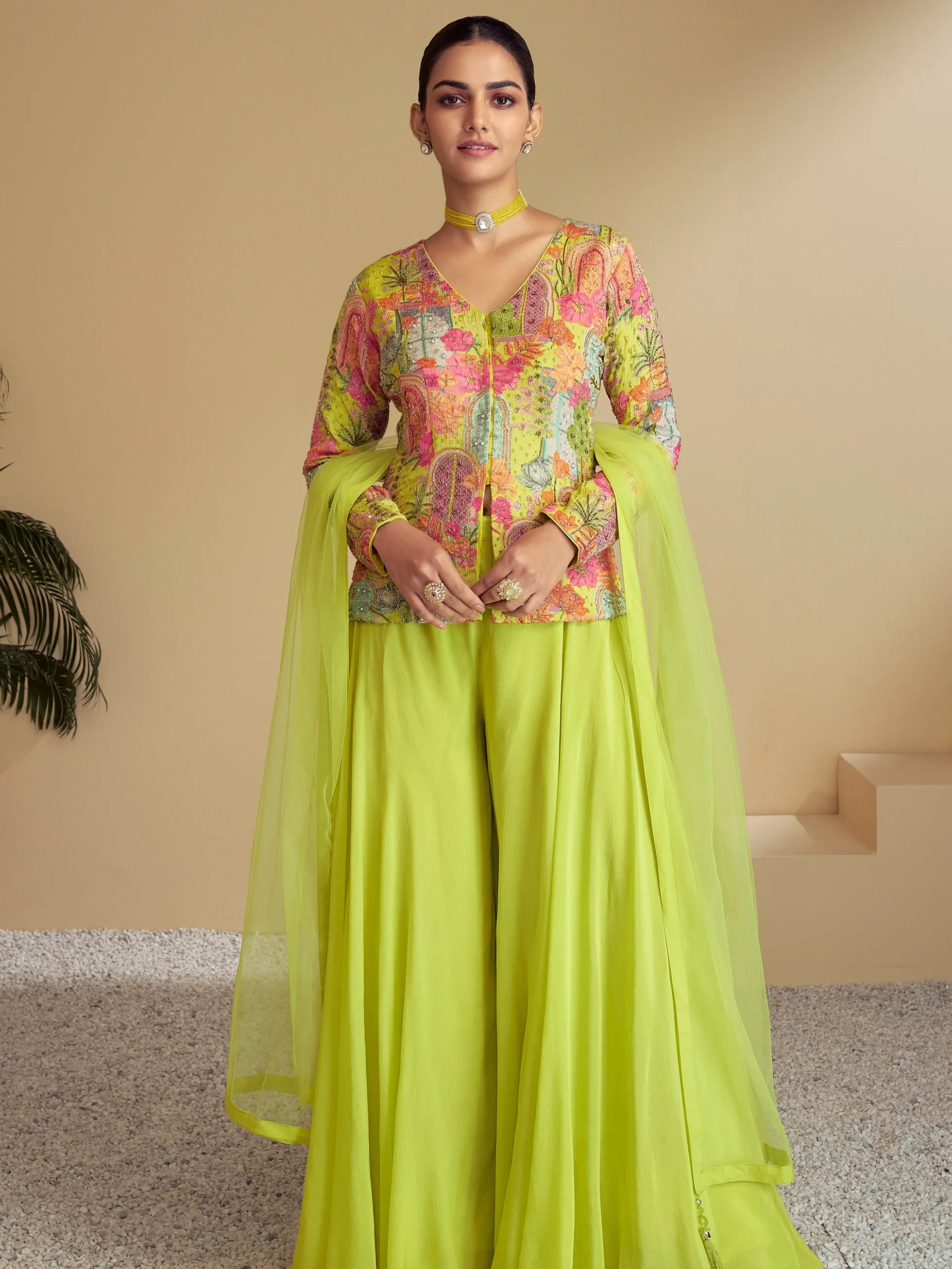 Lime Green Pure Chinon Palazzo Suit