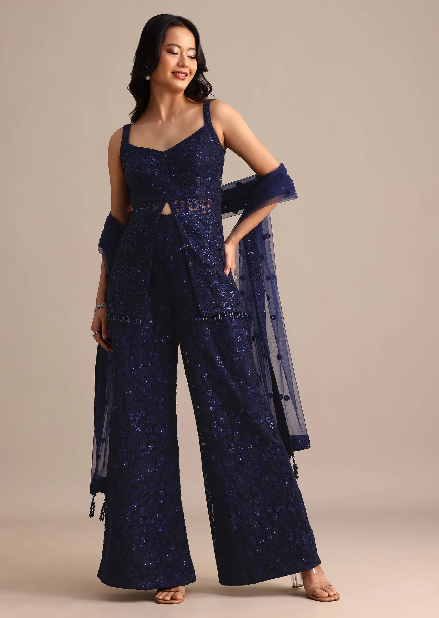 Navy Blue Net Embroidered Kurta Palazzo With Dupatta