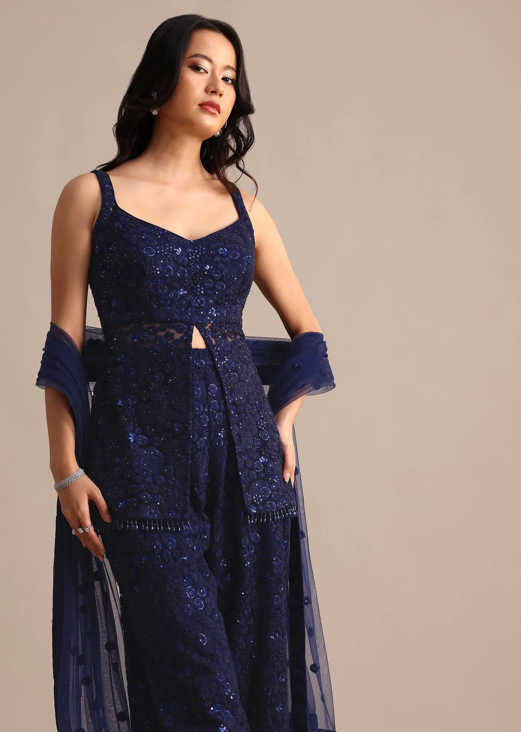 Navy Blue Net Embroidered Kurta Palazzo With Dupatta
