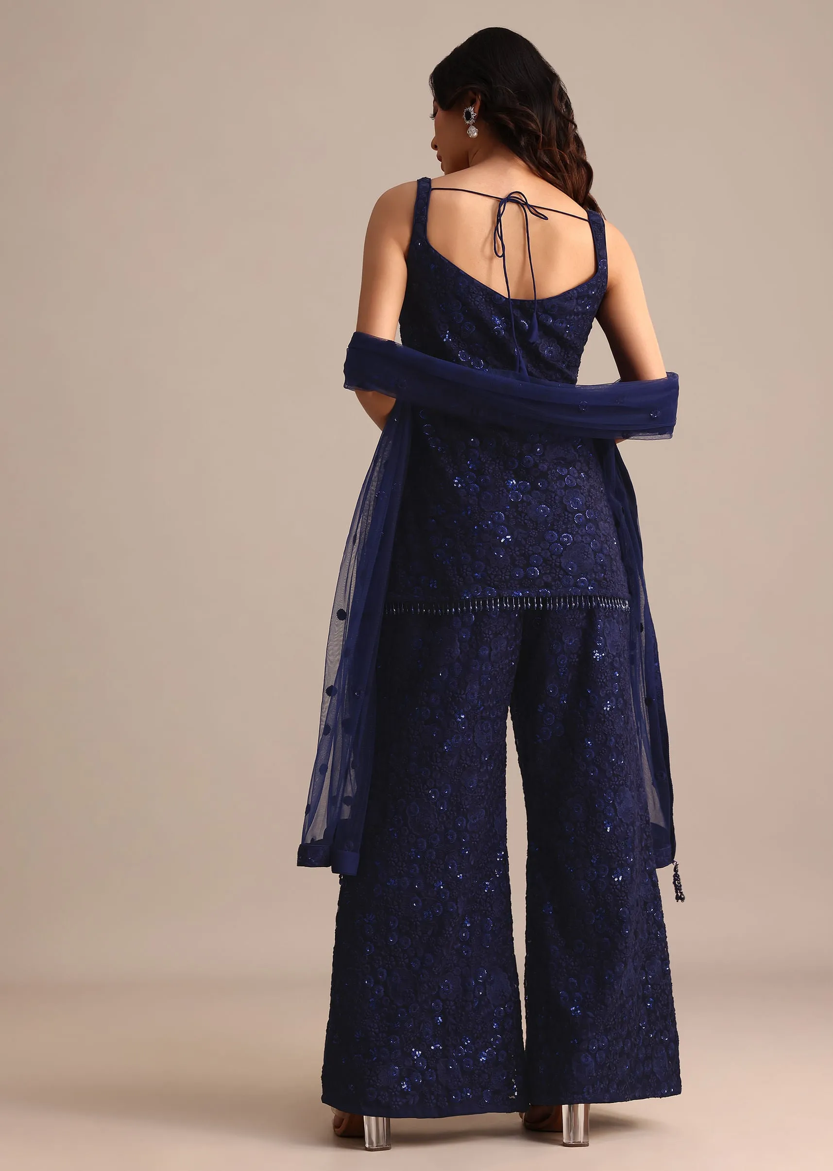 Navy Blue Net Embroidered Kurta Palazzo With Dupatta