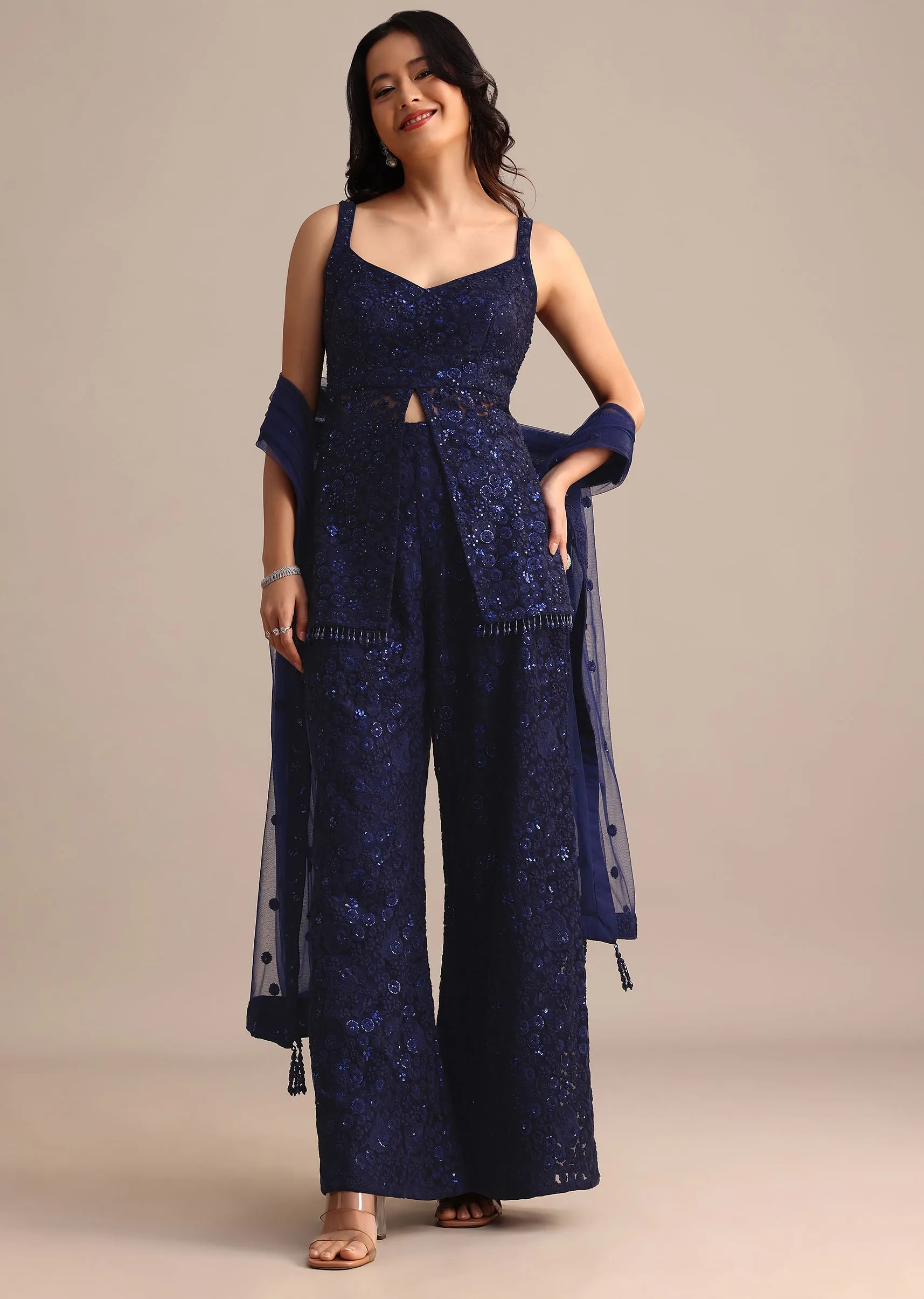 Navy Blue Net Embroidered Kurta Palazzo With Dupatta
