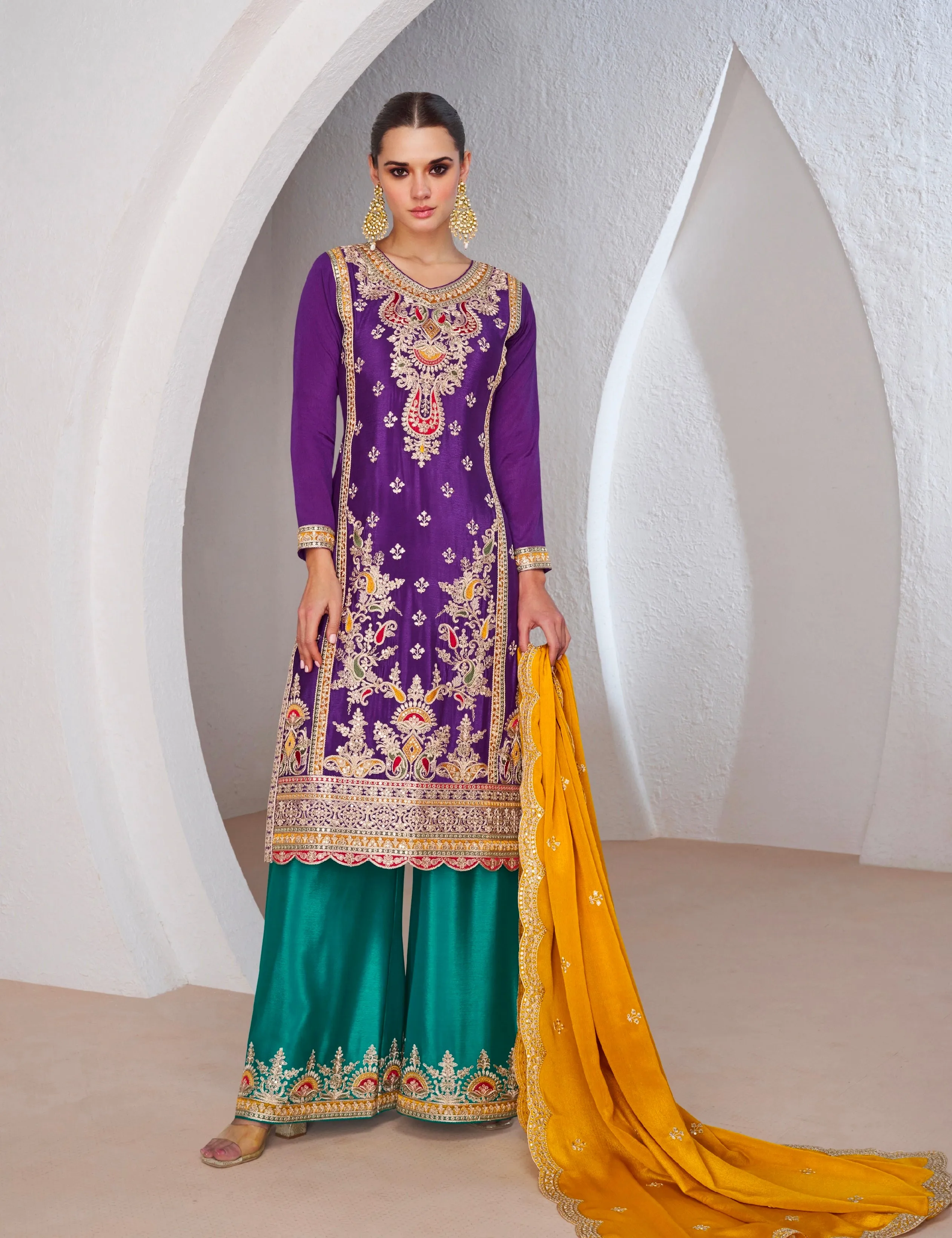 Purple Chinnon Silk Anarkali Suit with Green Palazzo and Yellow Dupatta