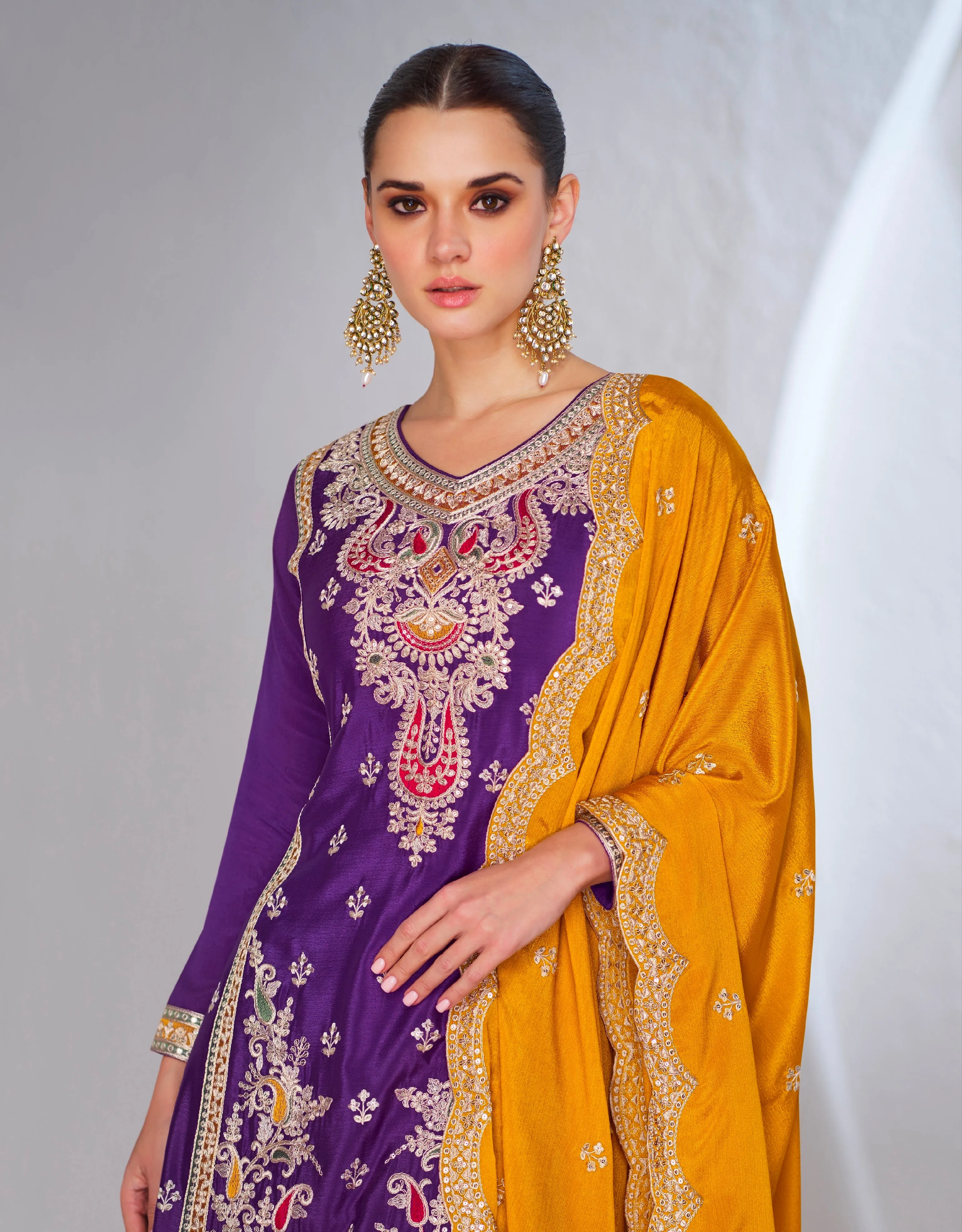 Purple Chinnon Silk Anarkali Suit with Green Palazzo and Yellow Dupatta
