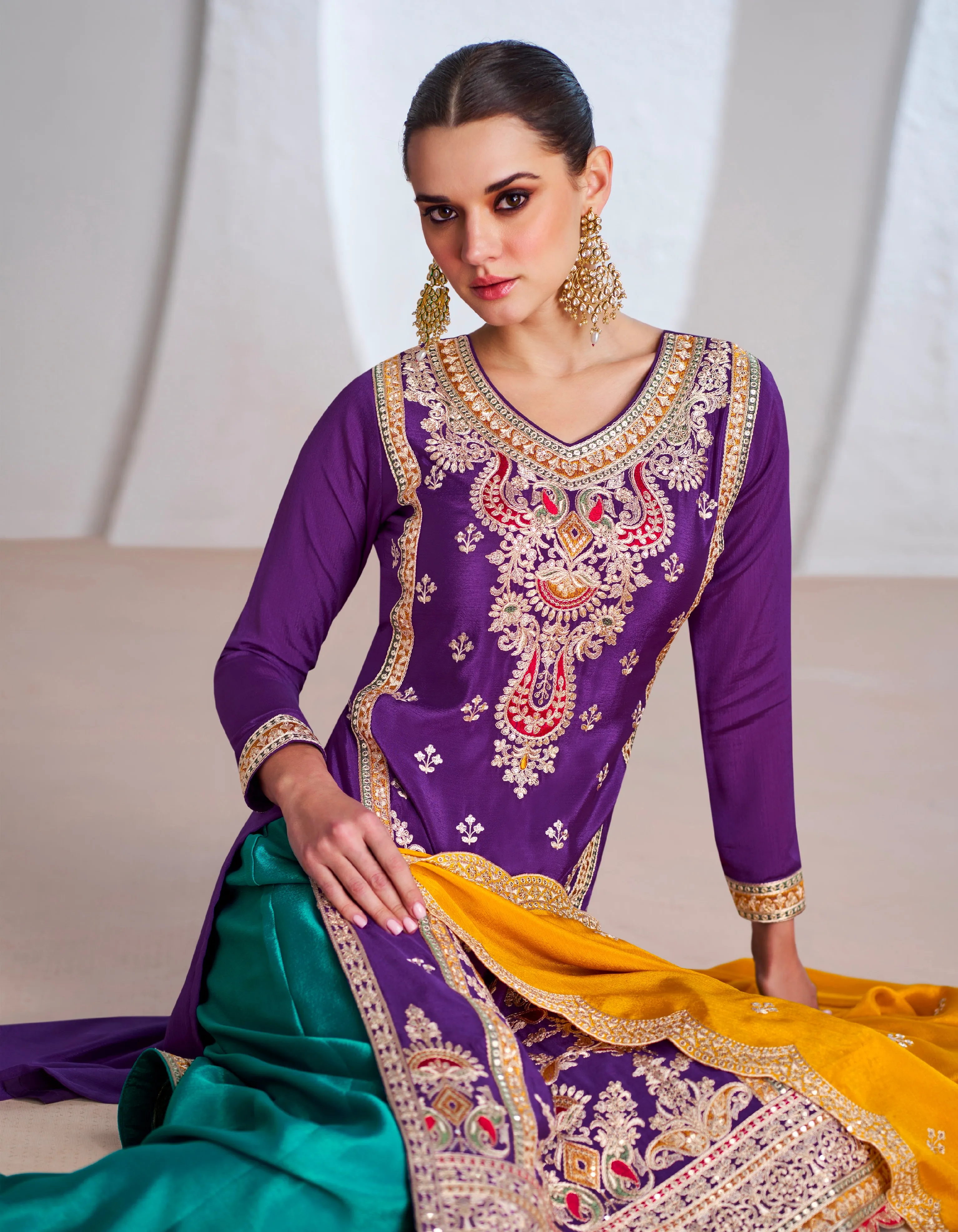 Purple Chinnon Silk Anarkali Suit with Green Palazzo and Yellow Dupatta