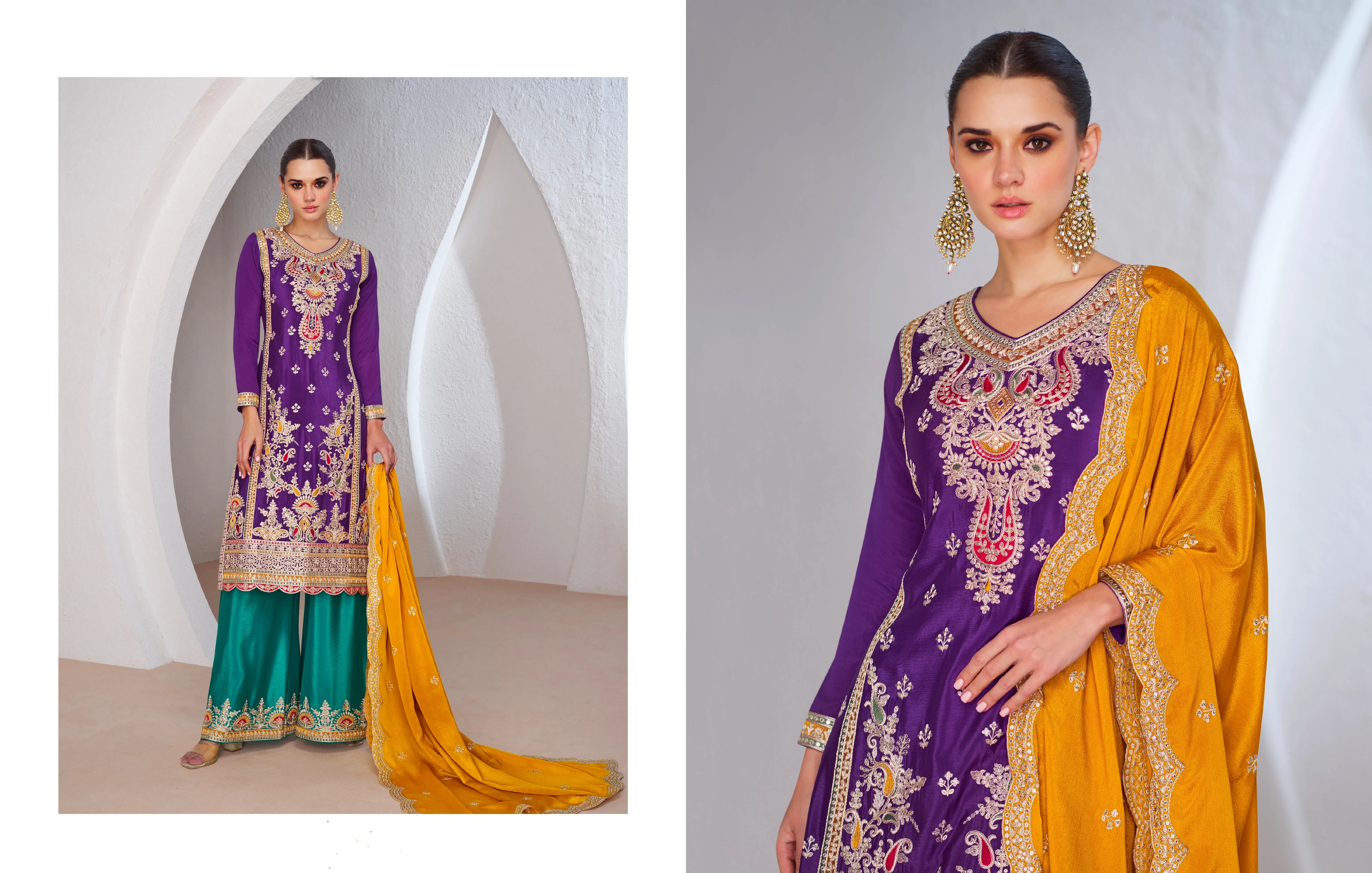 Purple Chinnon Silk Anarkali Suit with Green Palazzo and Yellow Dupatta