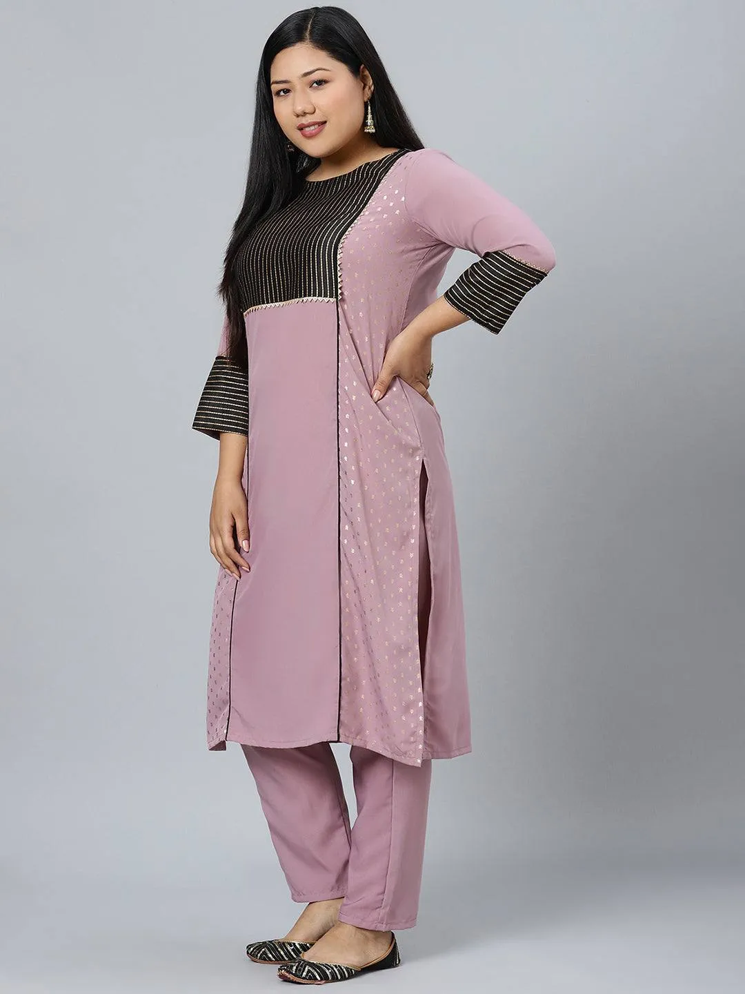 Purple Crepe Foil Print Kurta Palazzo Set