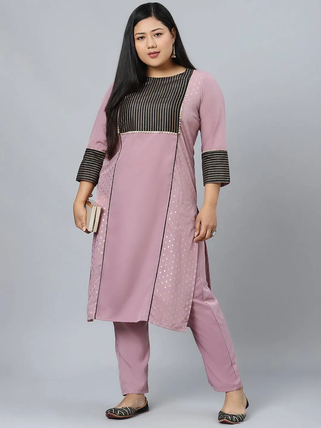Purple Crepe Foil Print Kurta Palazzo Set