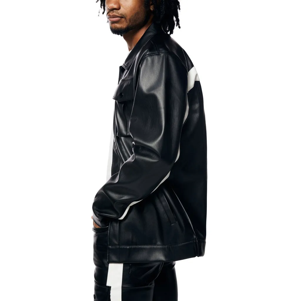 Striped Vegan Leather Overshirt - Black