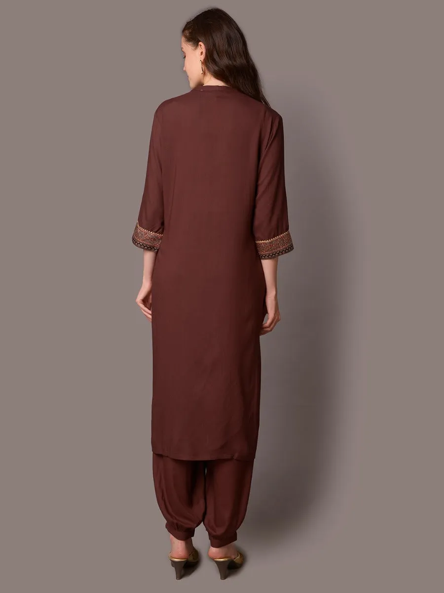 Women Brown Solid Kurta Harem Pant Dupatta