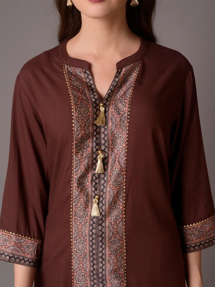 Women Brown Solid Kurta Harem Pant Dupatta