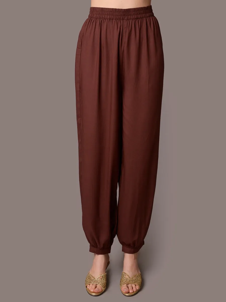 Women Brown Solid Kurta Harem Pant Dupatta