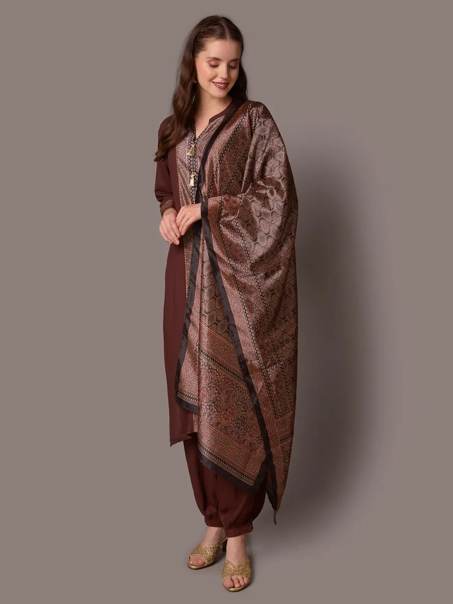 Women Brown Solid Kurta Harem Pant Dupatta