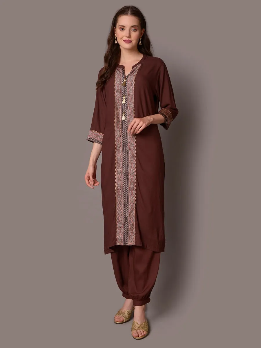 Women Brown Solid Kurta Harem Pant Dupatta