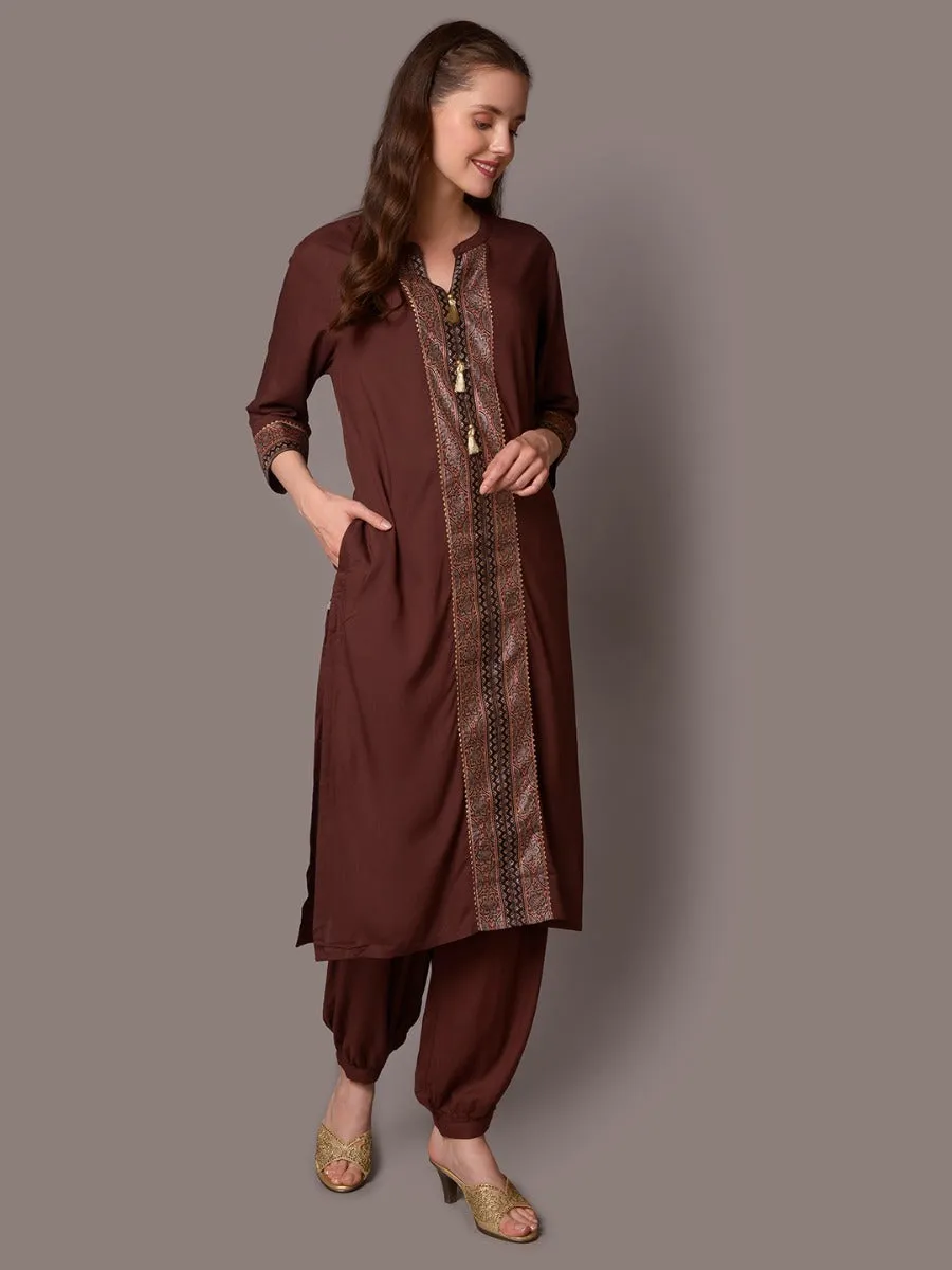 Women Brown Solid Kurta Harem Pant Dupatta