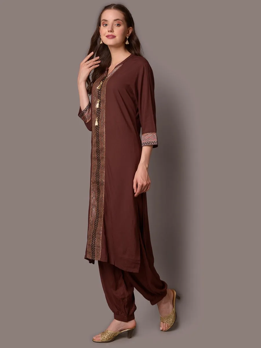 Women Brown Solid Kurta Harem Pant Dupatta